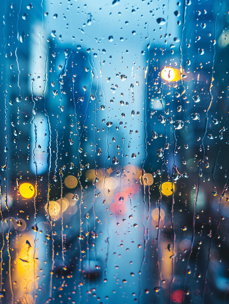 雨滴挂窗户外灯火阑珊的雨夜美景