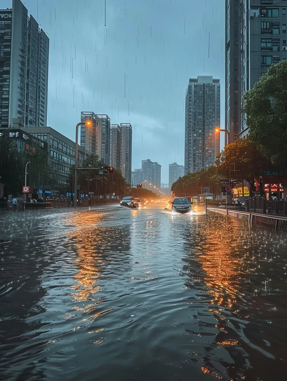 城市暴雨中汽车涉水前行的景象