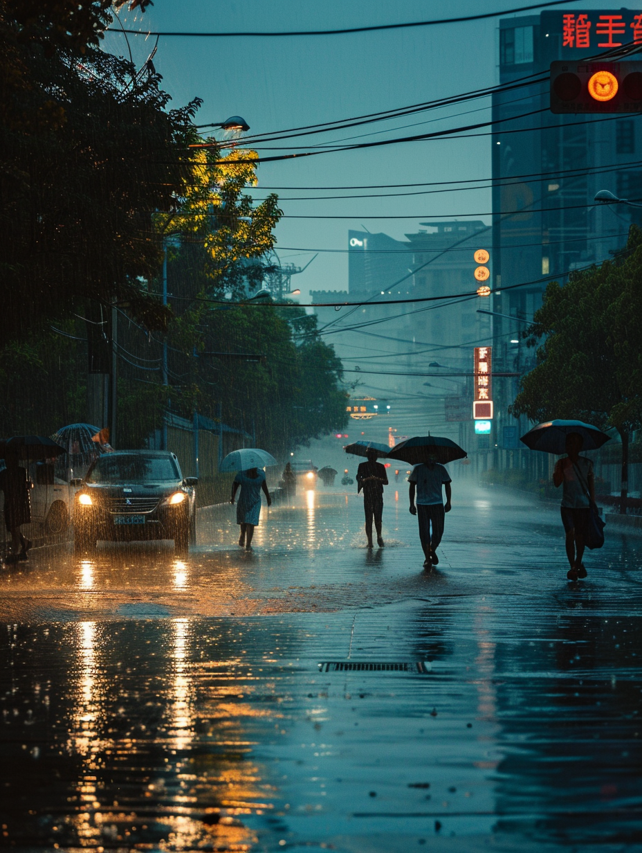 雨中行人撑伞漫步城市街道朦胧