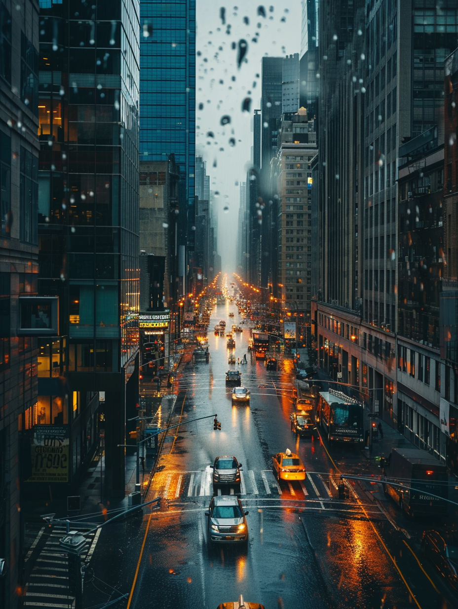 雨中城市街道汽车穿梭的时尚横图壁纸