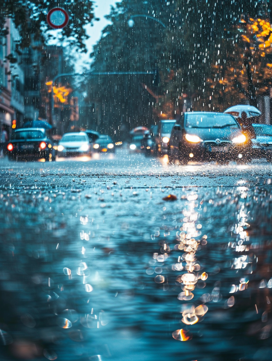 雨中街道汽车行驶的城市雨天景象