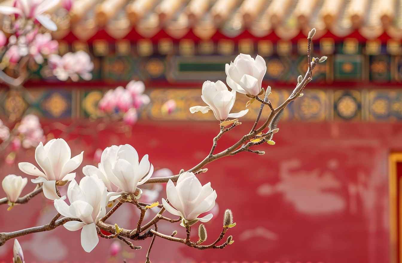 故宫红墙前绽放的玉兰花