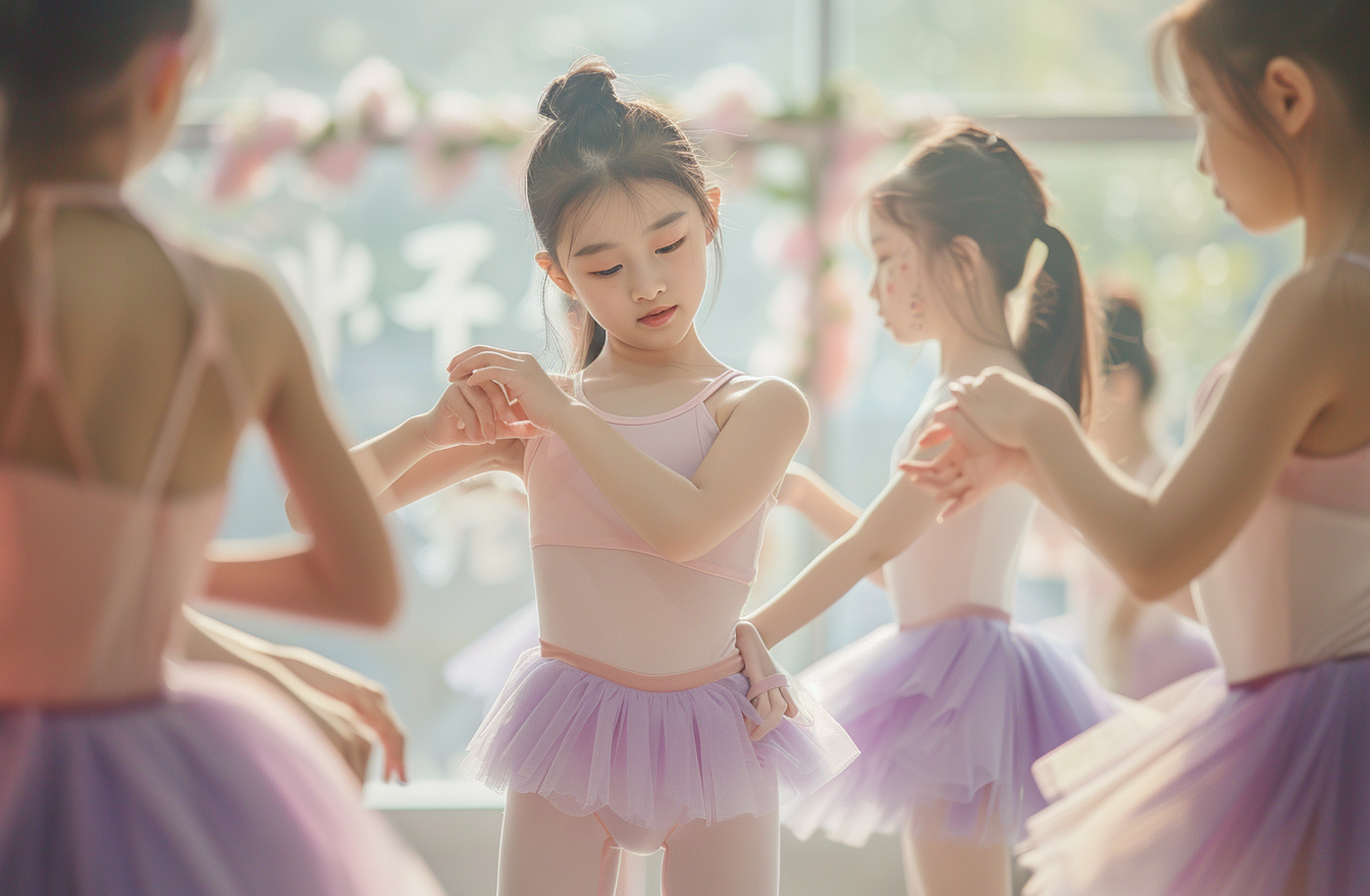 可爱少女身着芭蕾服的优雅舞蹈瞬间