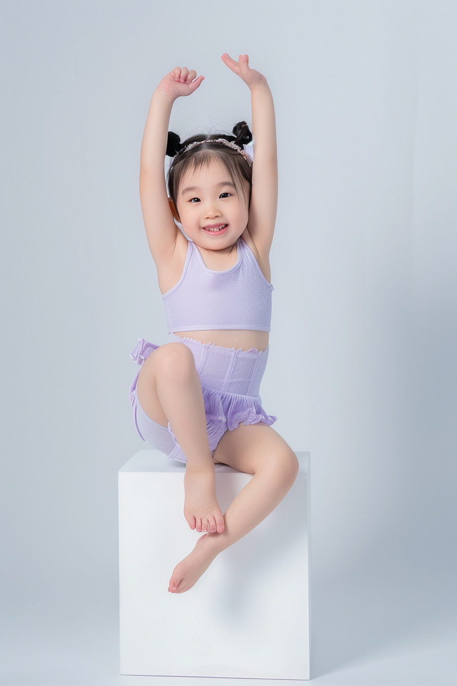 可爱小女孩身着浅紫瑜伽服活力