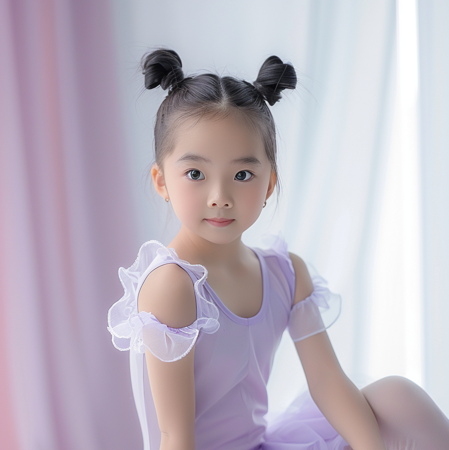 可爱小女孩身穿紫色舞衣的甜美形象照
