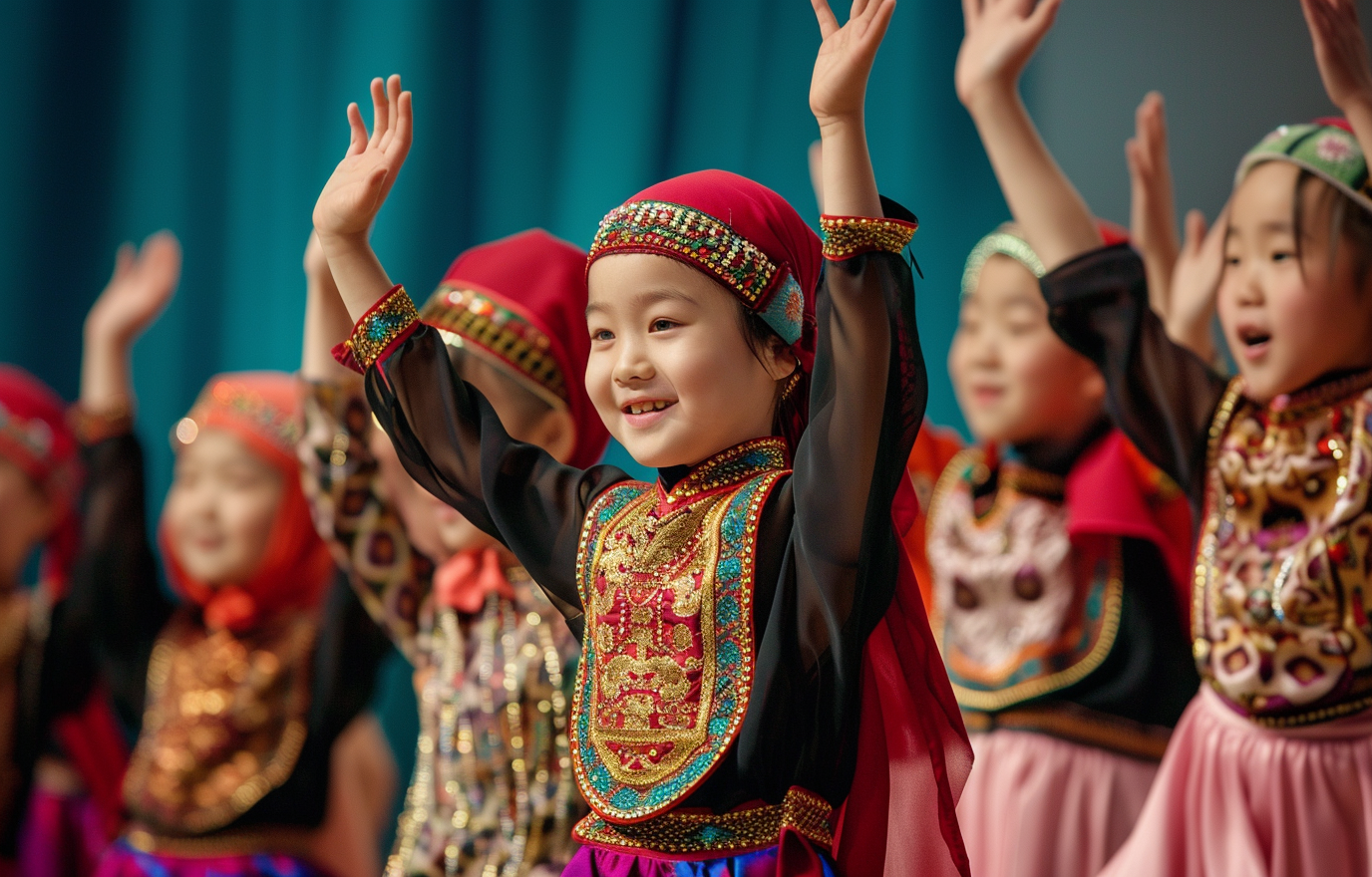 身着民族服饰的儿童欢乐起舞的演出画面