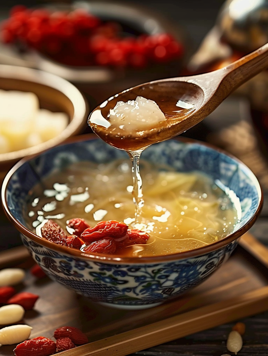 蓝花白瓷碗盛滋补银耳羹中式韵味