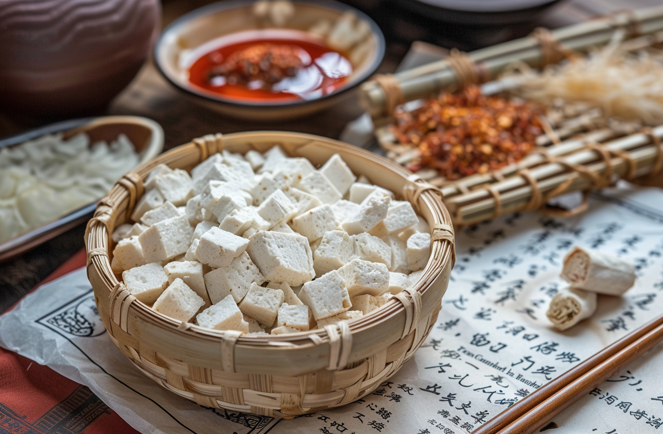 竹篮装美味豆腐块传统中餐中国风味