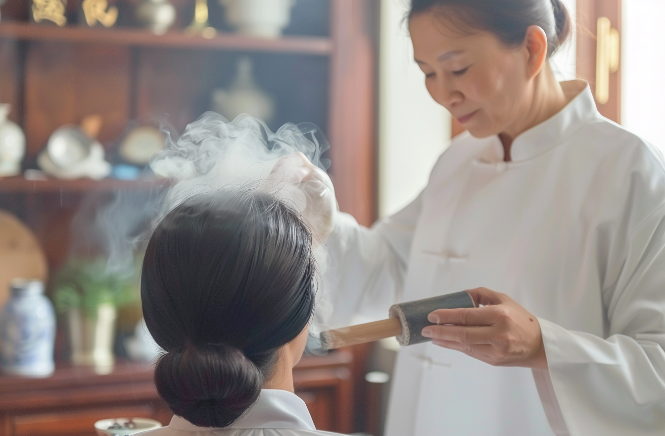 白衣服务人士正在进行传统中药熏疗服务
