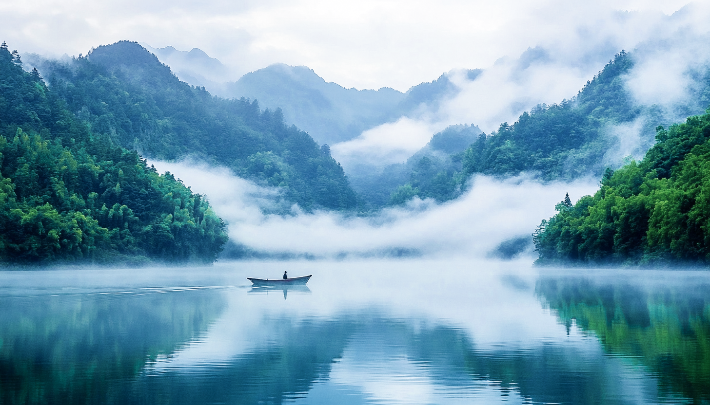 山林间小船泛湖的山水美景
