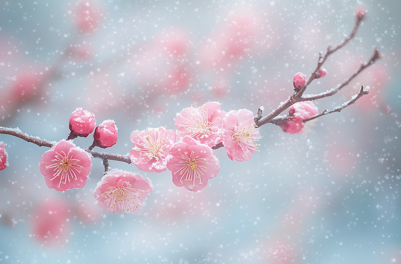 粉梅傲雪绽放唯美雪景图冬日浪漫