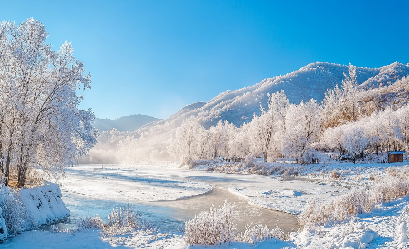 冰雪覆盖的山脉江河美景如诗如画