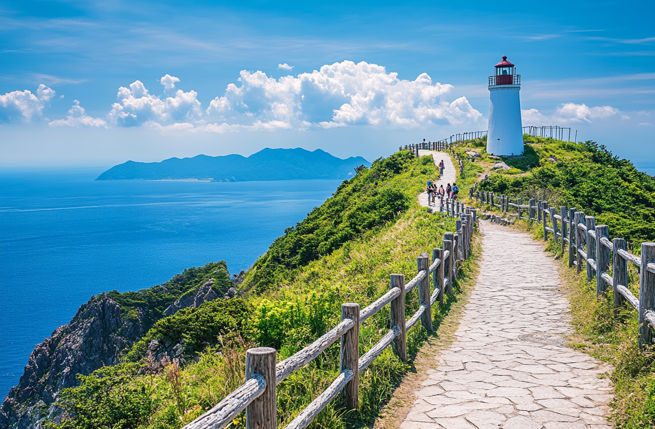 海边小径上的灯塔 赏美丽海景的户外旅行地