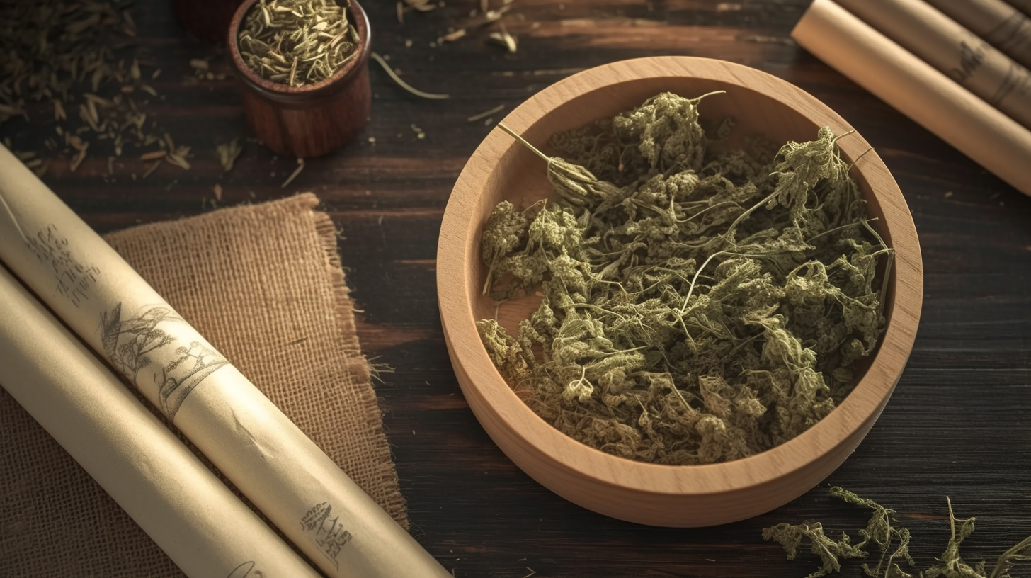 木碗盛艾草传统中药魅力