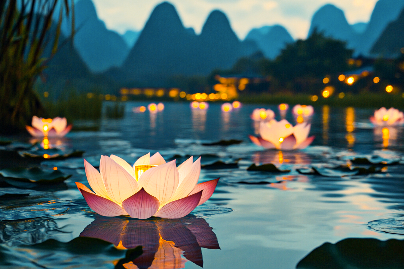 水上莲花灯夜景美中秋氛围浓