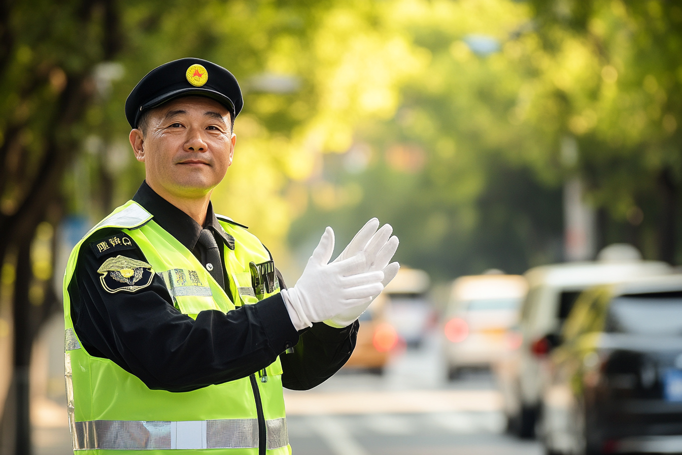 交警穿戴整齐认真执勤彰显城市风采