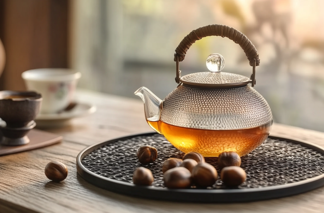 精美玻璃茶壶配坚果，品味优雅生活