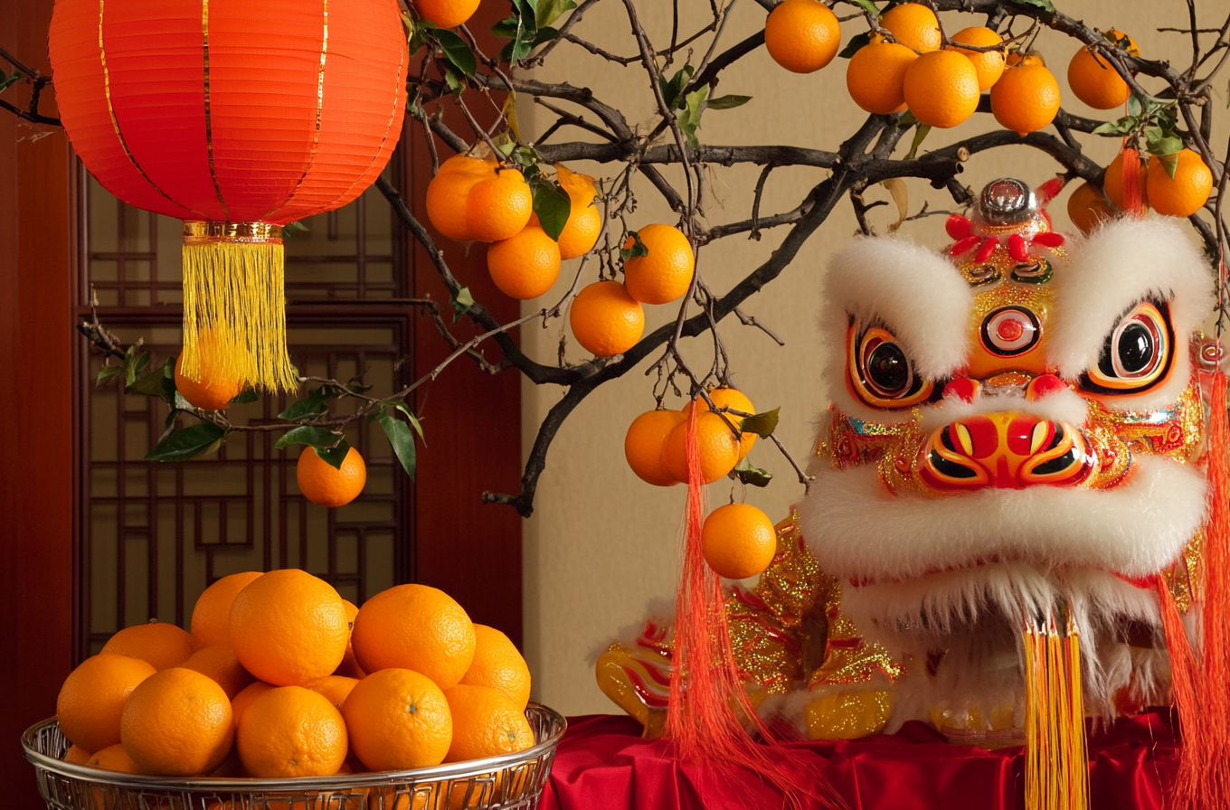 春节舞狮装饰喜庆红灯笼金桔共迎新年