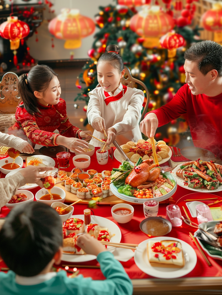 一家人欢聚吃年夜饭的温馨春节宣传图