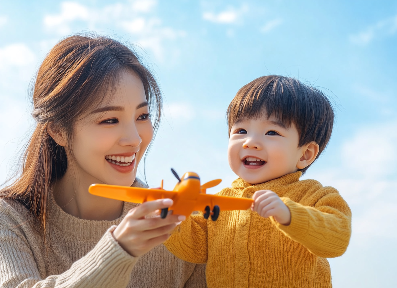 母女幼儿飞机蓝天