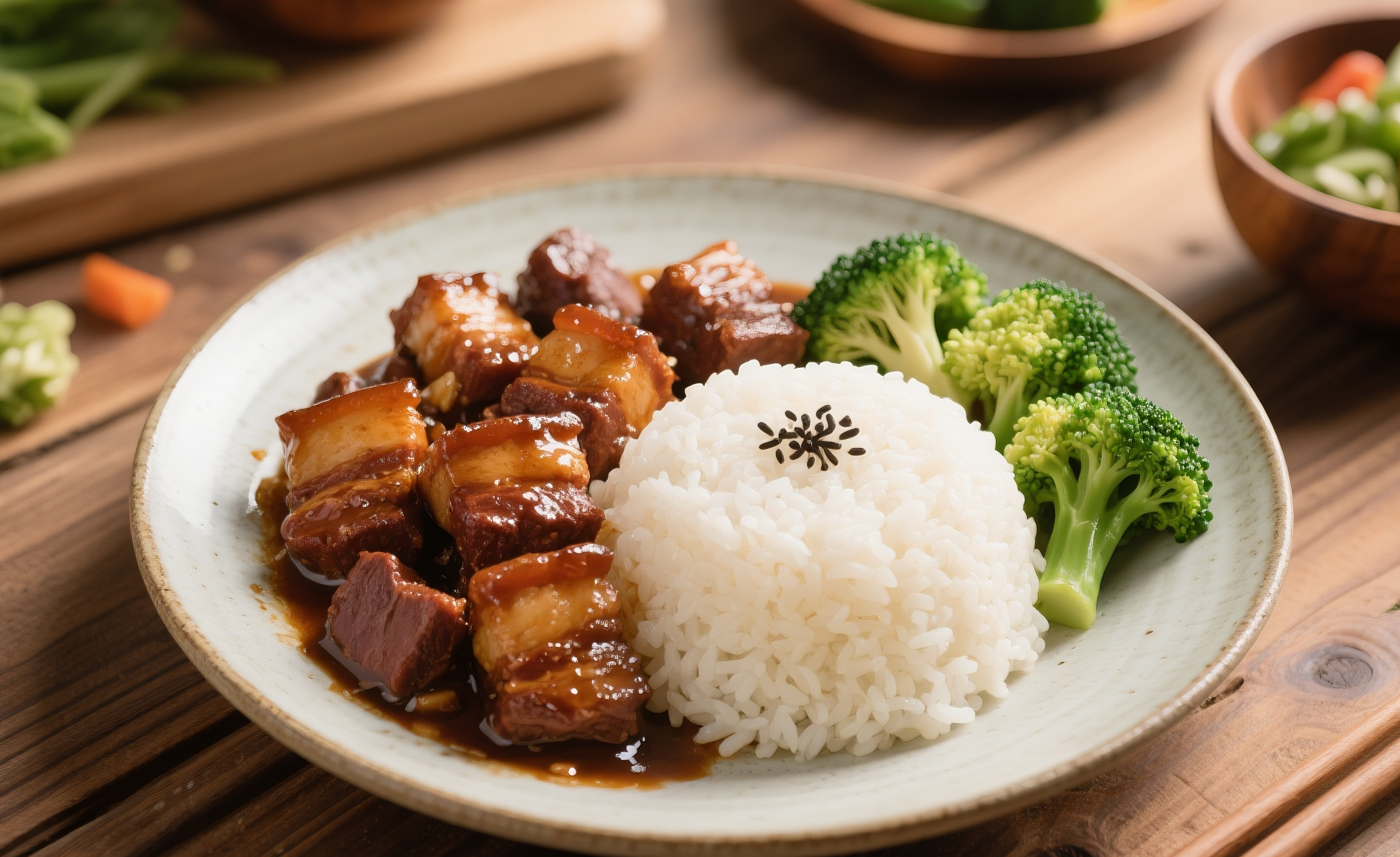 红烧肉盖饭，餐，摄影厅，木制