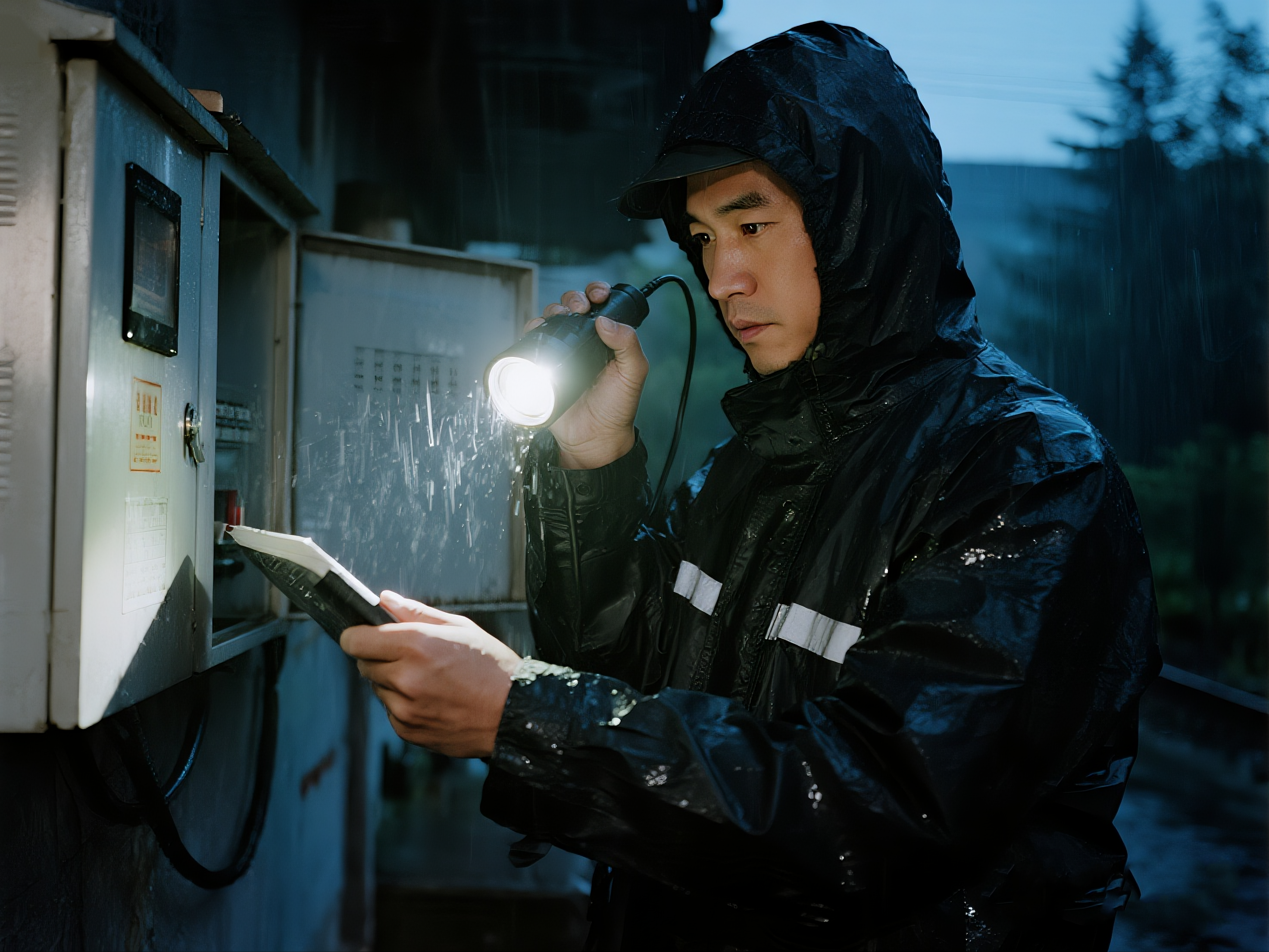 安全员在雷雨天检查电器安全