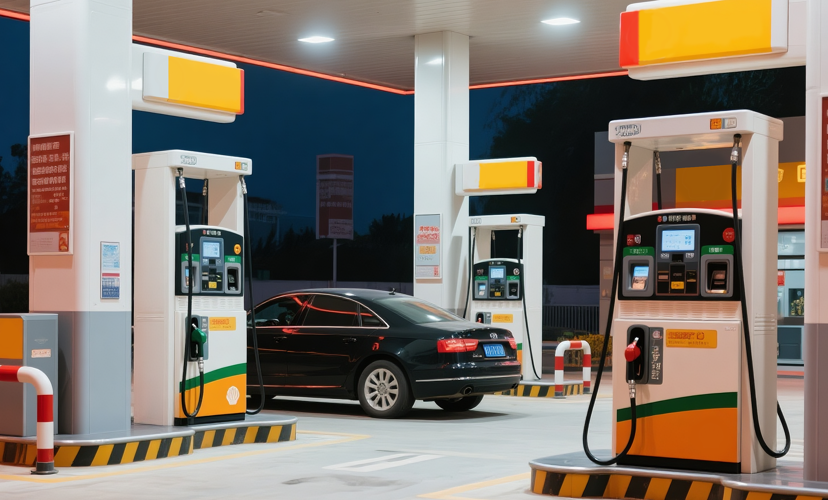 加油站晚上黑色轿车
