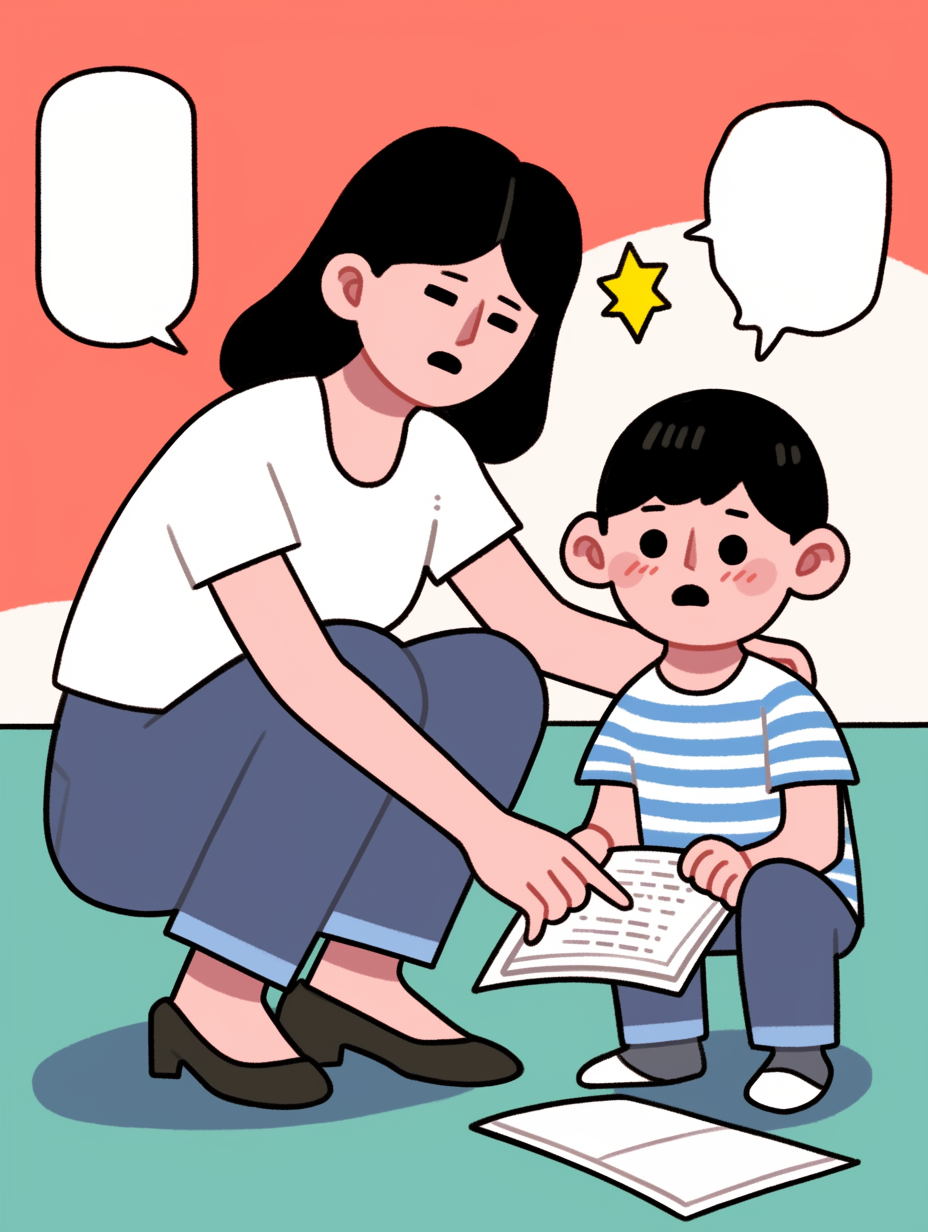 母亲指导孩子学习的温馨亲子漫画卡通图