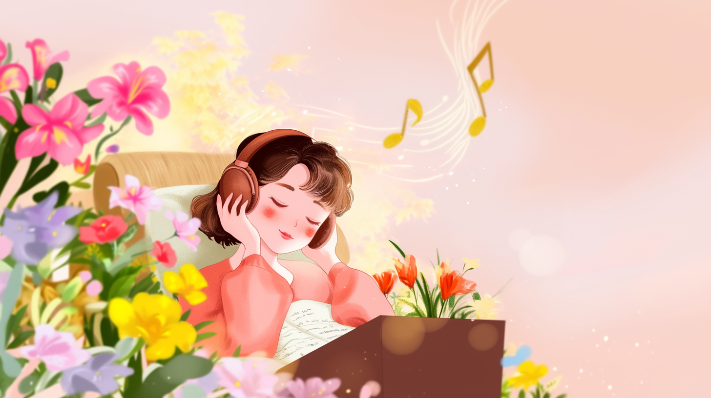 粉色女孩听音乐宣传插画