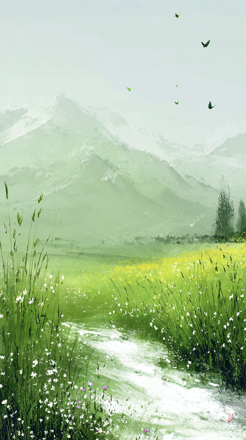 绿色手绘风清新草原风景背景