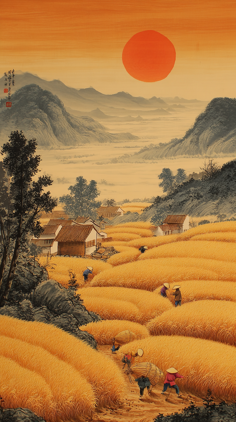 乡村丰收景象水墨宣传画尽显田园风光