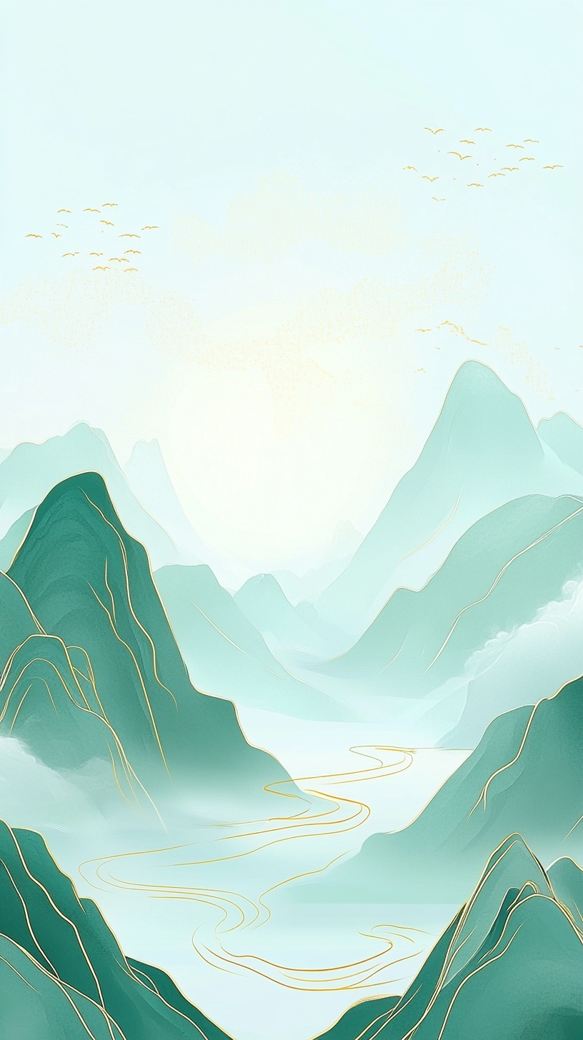 绿色手绘抽象山水诗意背景