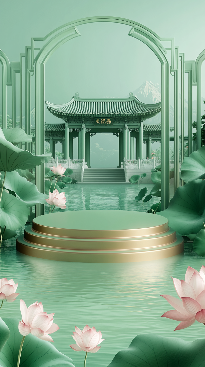 绿色荷花中式电商背景