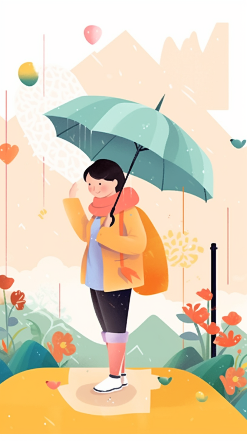 撑伞女孩雨中漫步图