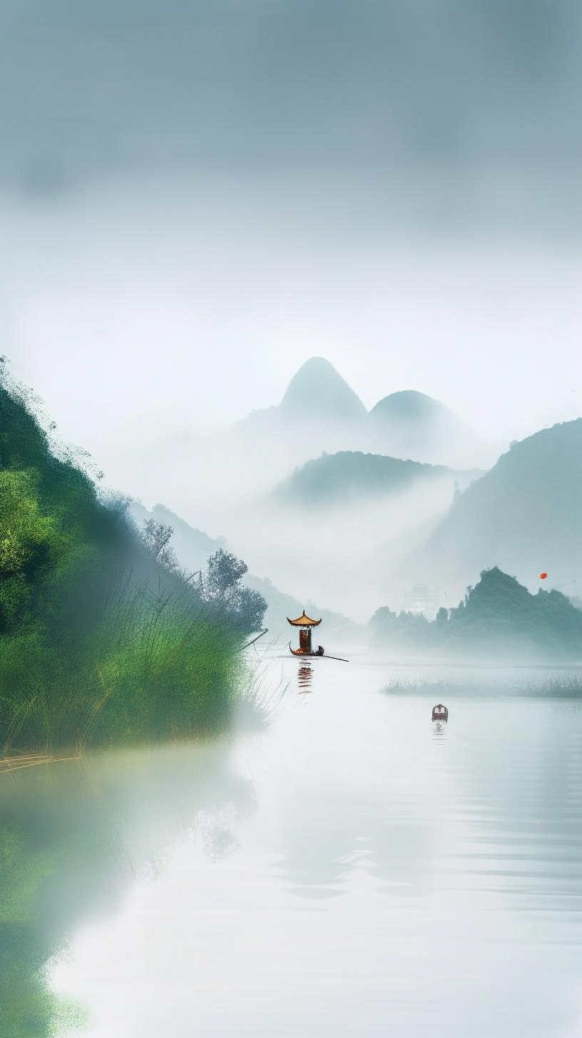 水墨风湖泊美景图