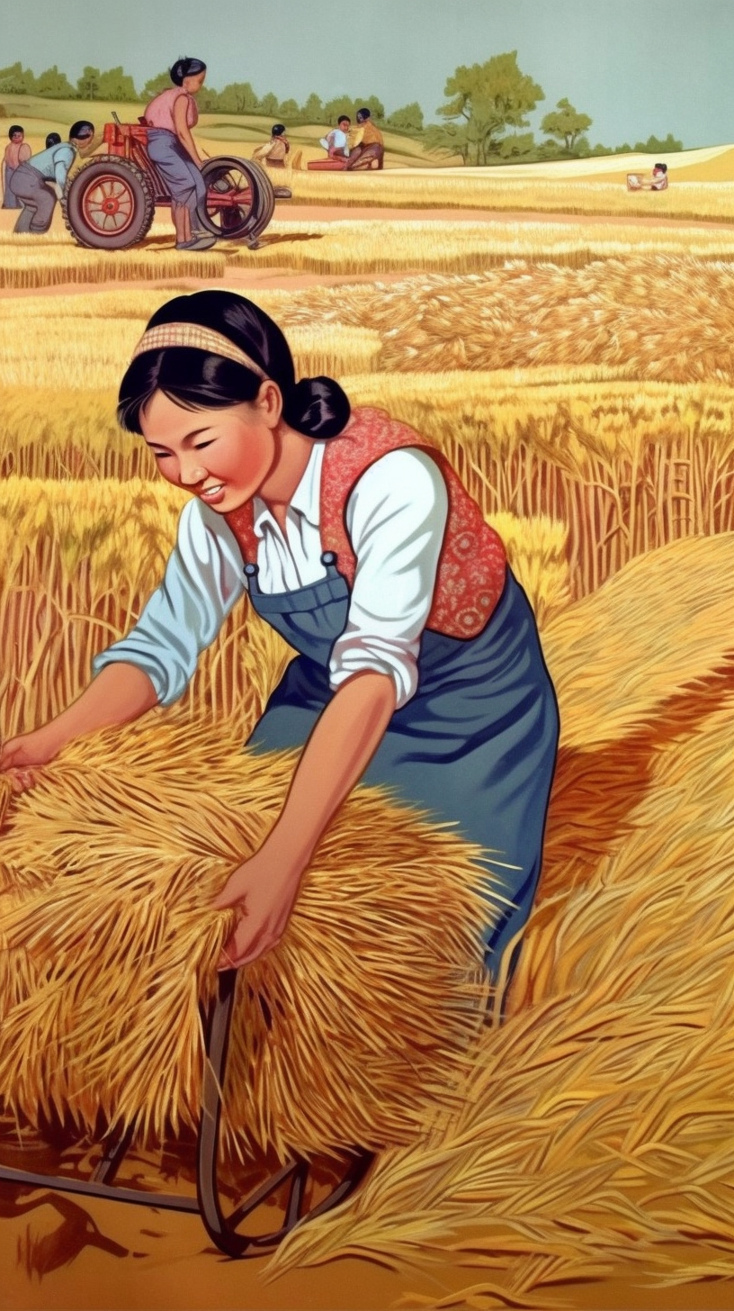 农民辛勤劳作于麦田的复古宣传画