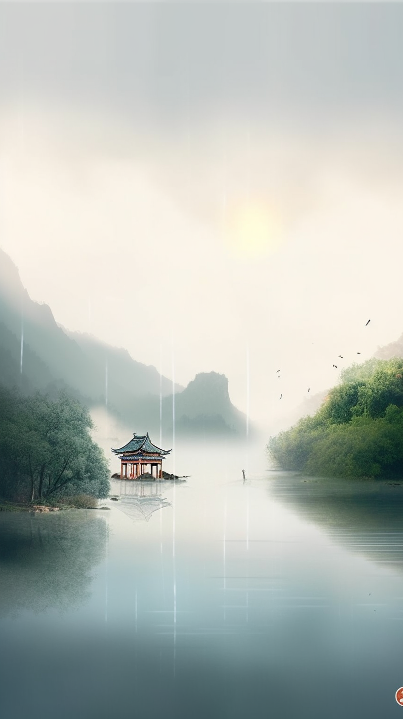 湖泊古亭水墨风光图