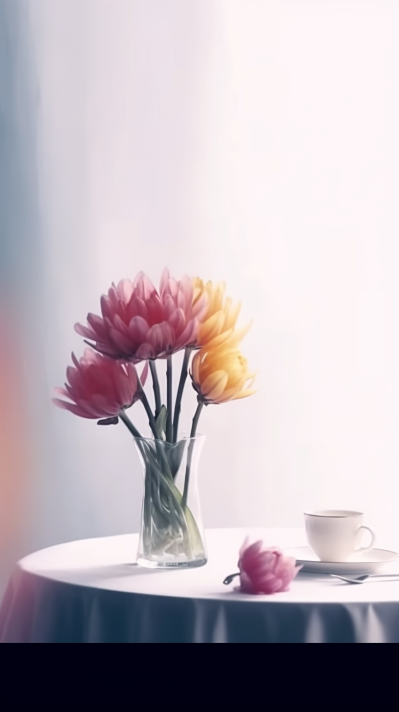 花瓶中多彩鲜花搭配茶杯