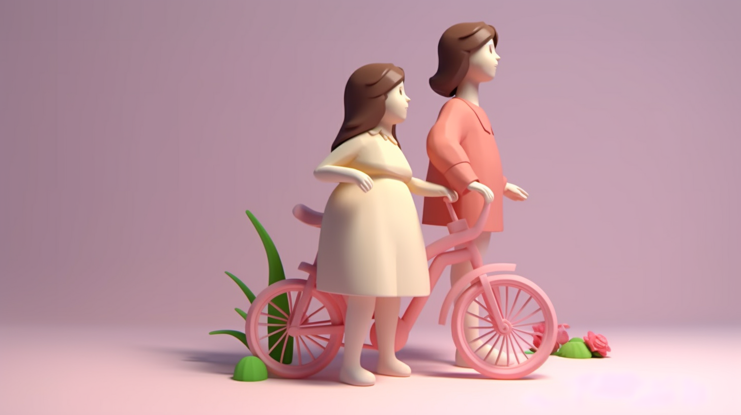 可爱母女与粉色自行车