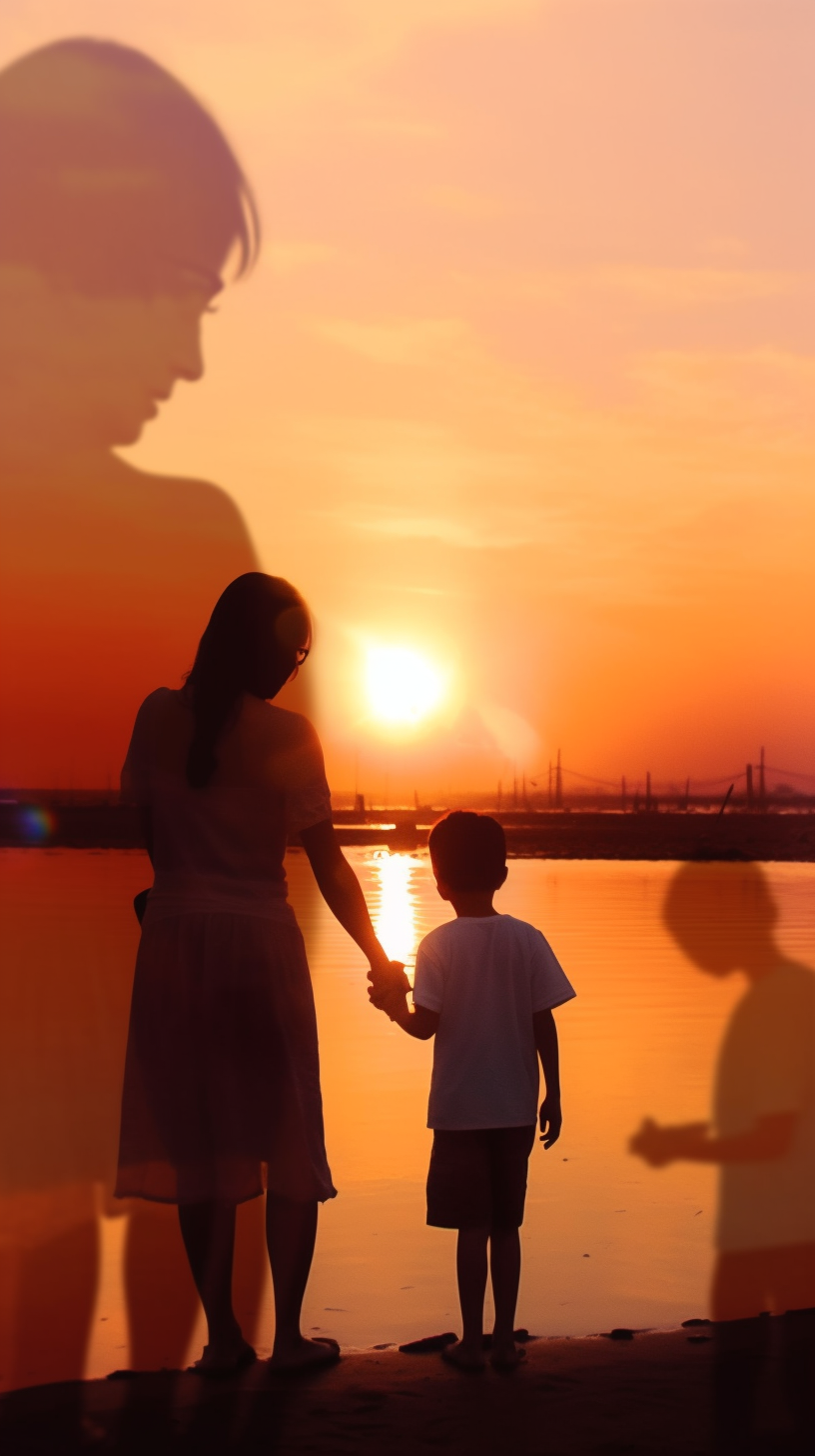 母子牵手赏夕阳的温馨画面