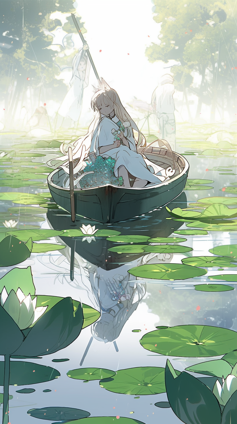 女子泛舟于莲池插画