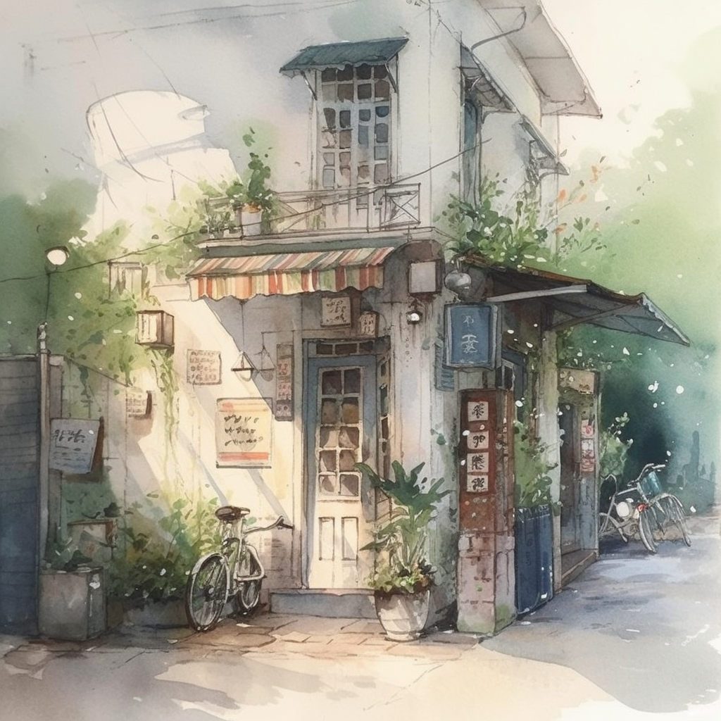 文艺水彩画中的温馨小店