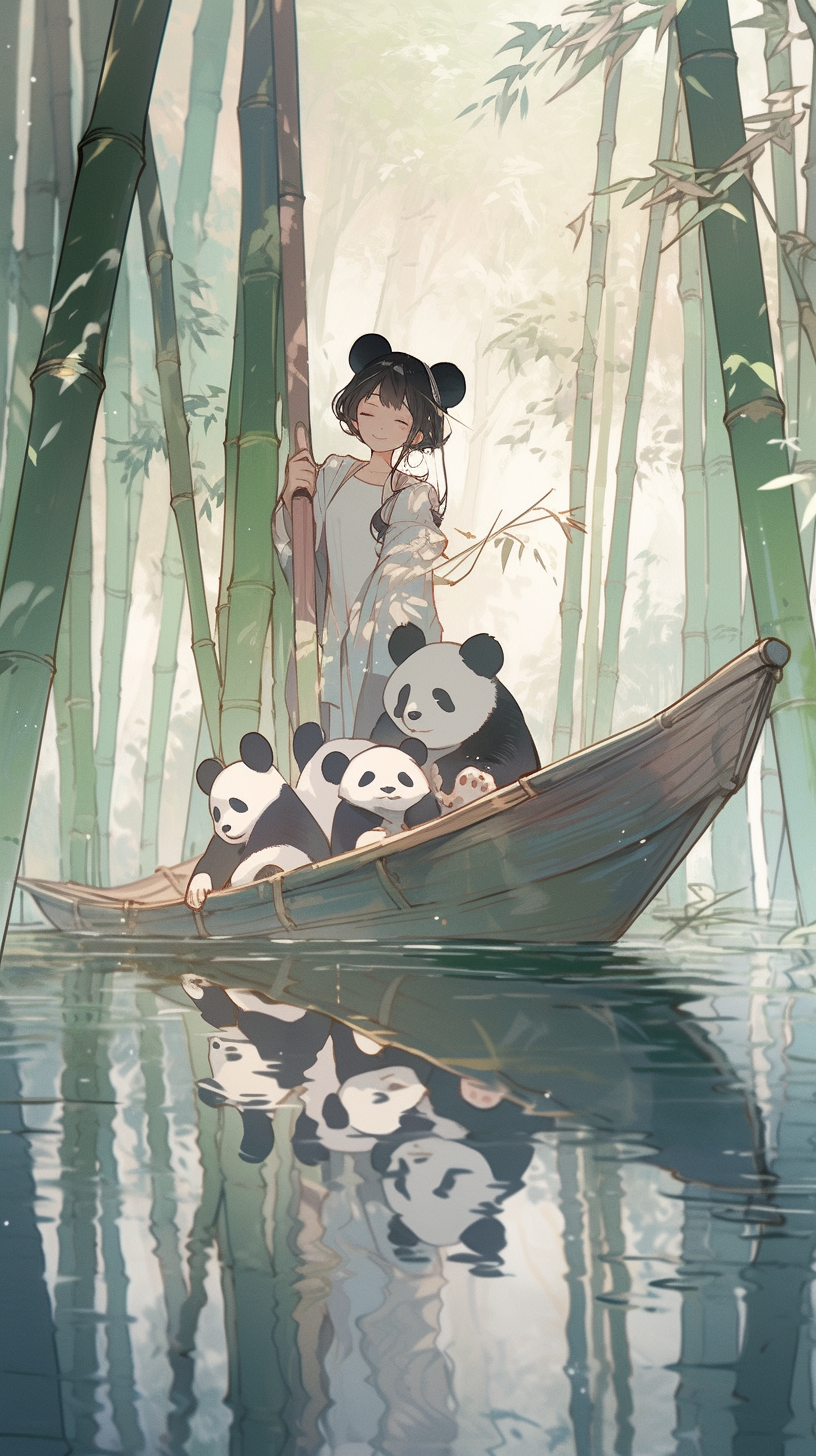 可爱熊猫与少女泛舟竹林间插画