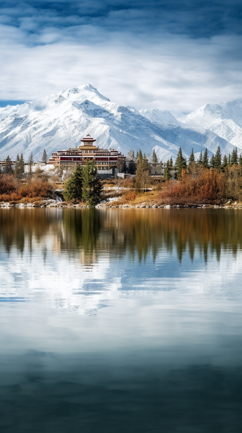 雪山湖泊边的古建筑