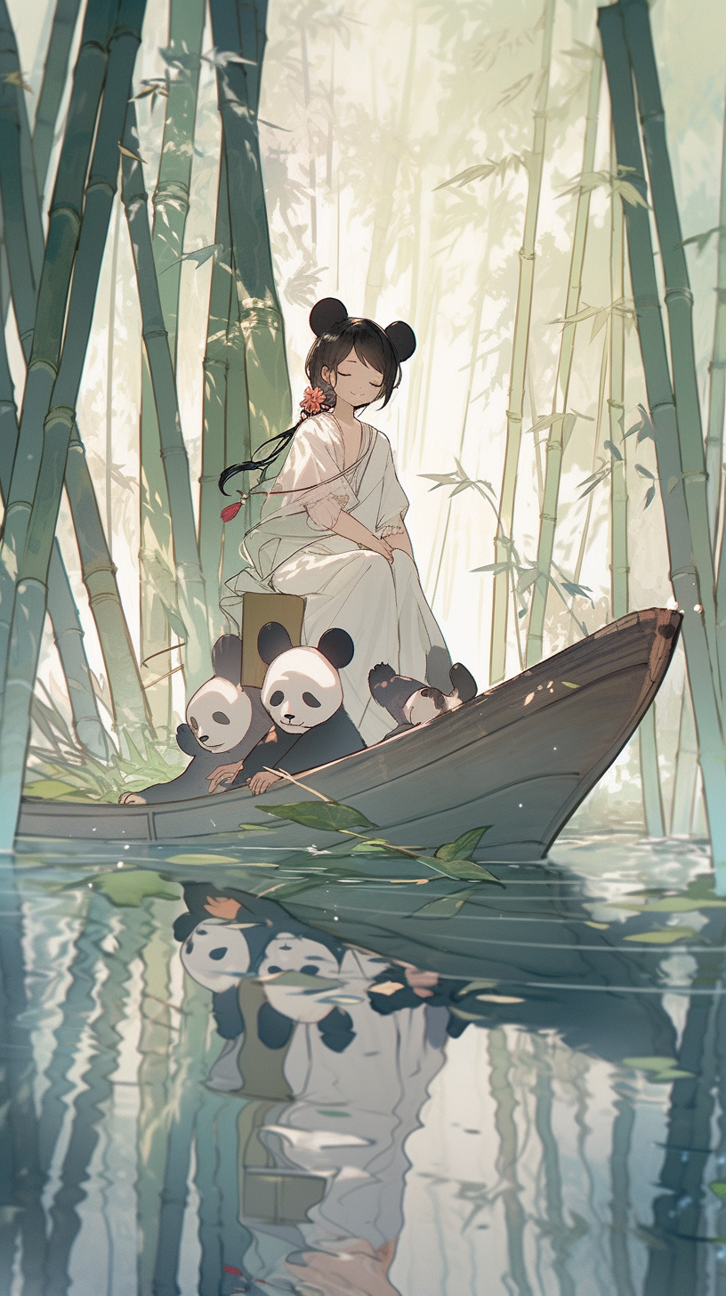 古装女子与熊猫泛舟竹林间插画
