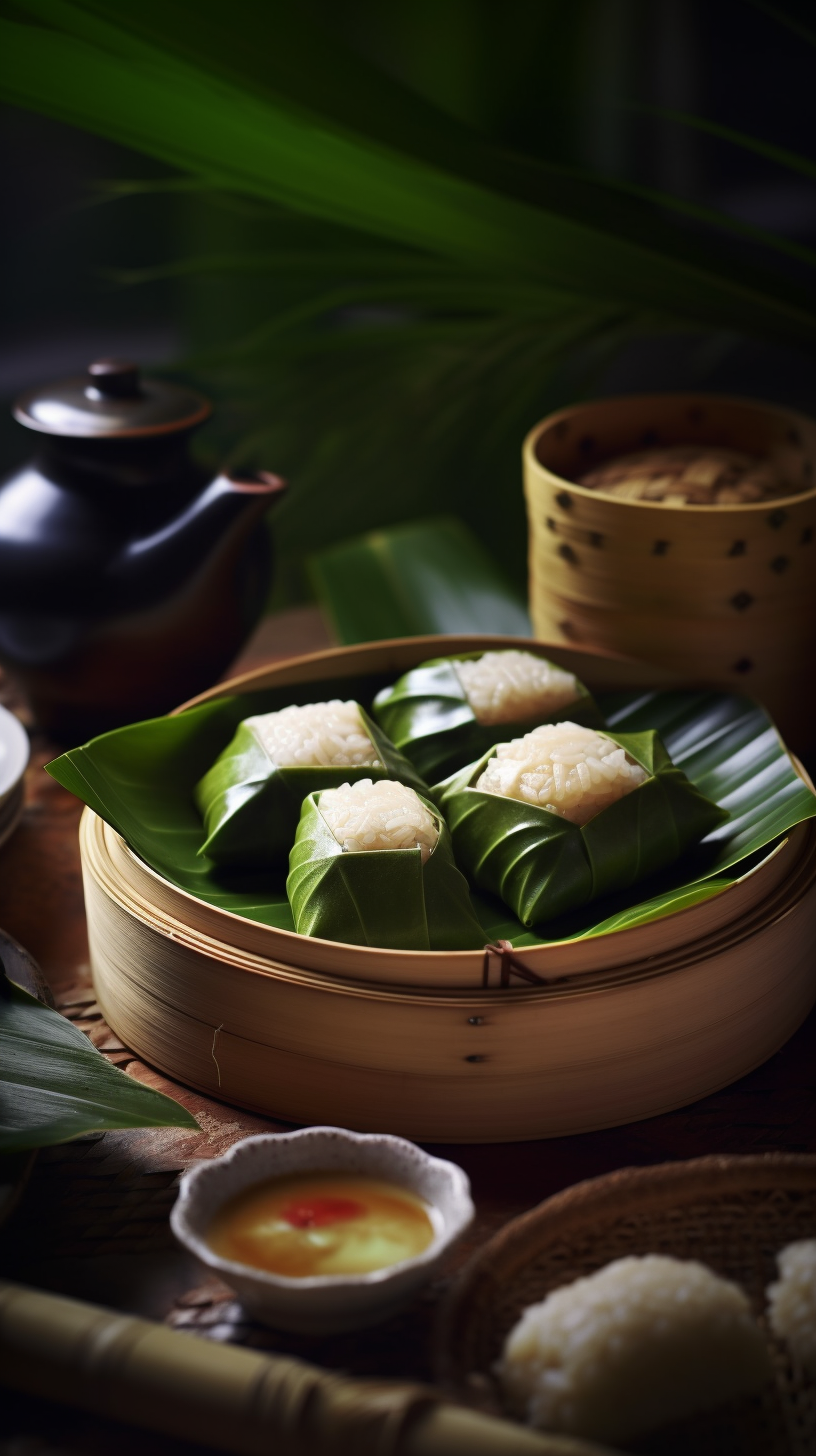 竹制蒸笼装特色糕点
