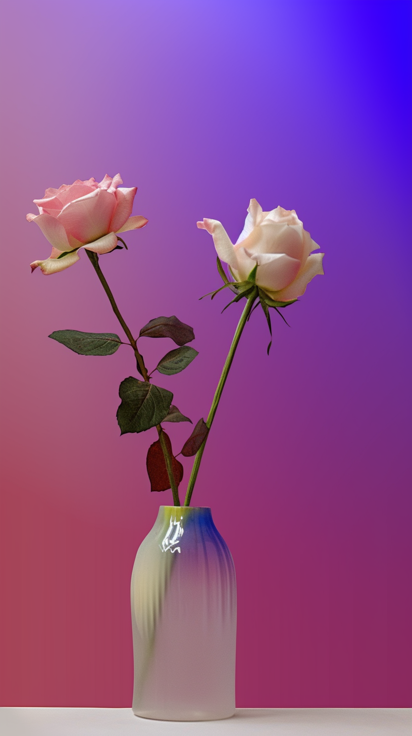 渐变背景下的粉色玫瑰花瓶