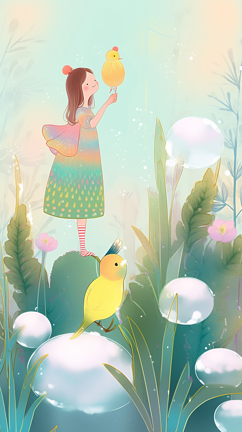 可爱女孩与小鸟的梦幻森林场景插画