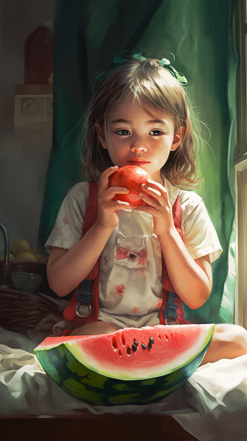 小女孩手拿苹果身旁放西瓜插画