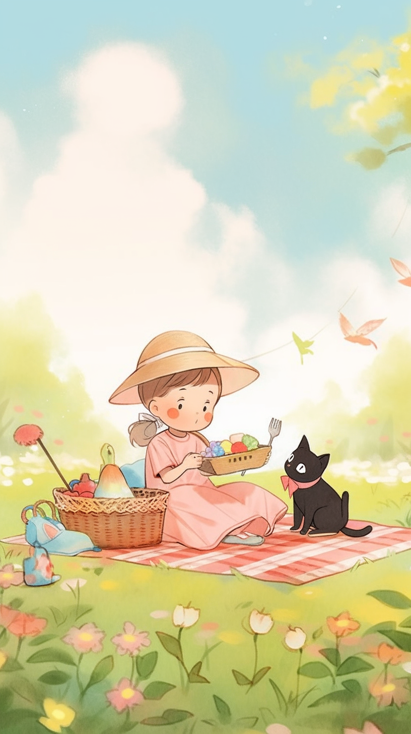 可爱女孩与黑猫户外野餐插画